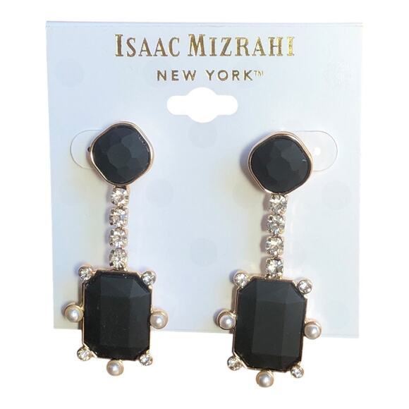Isaac Mizrahi NWT Gold Plated Faux Pearl Shiny Stones Black Stones Earrings - Picture 3 of 10